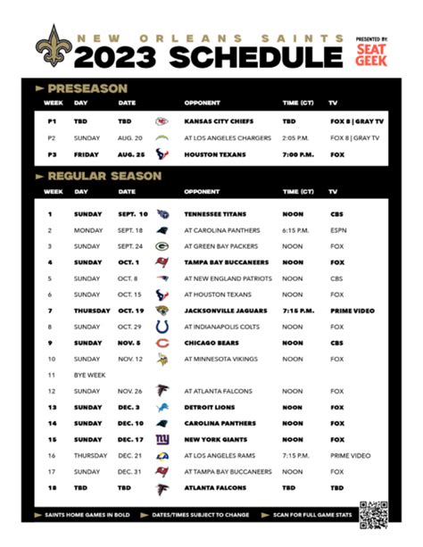 Saints Printable Schedule