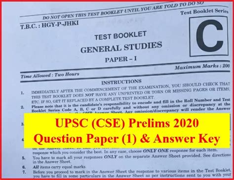 Upsc 2020 Answer Key Prelims Paper 1 General Studies Paper Pdf