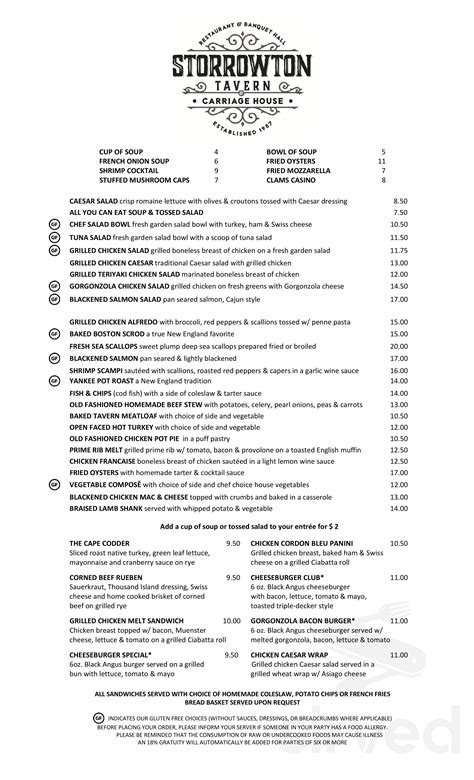 Storrowton Tavern Carriage House Menus In West Springfield