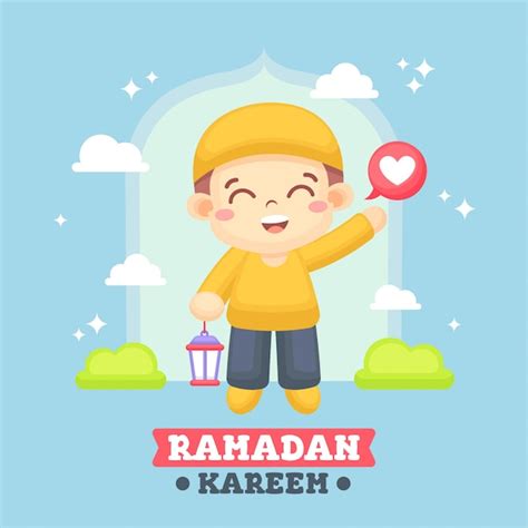 Tarjeta de felicitación de ramadán con ilustración de niño lindo