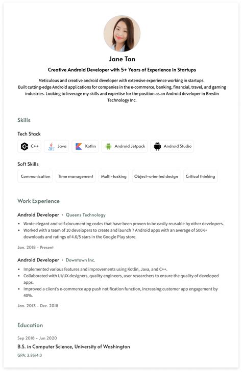 Android Developer Resume Example And Template Cakeresume