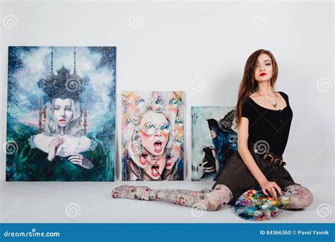 Female Artist At Picture Canvas On White Background Girl Painter With