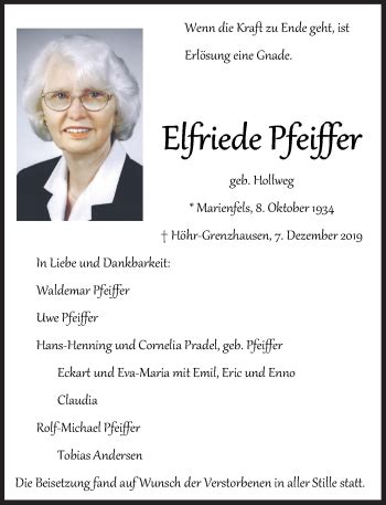 Traueranzeigen Von Elfriede Pfeiffer Rz Trauer De