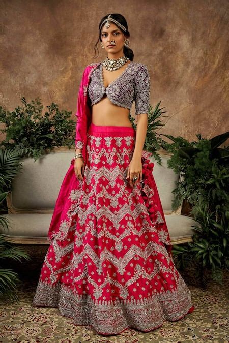 Buy Pink Raw Silk Embroidered Zardozi V Neck Bridal Lehenga Set For