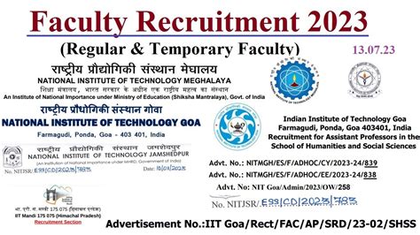 Faculty Recruitment 2023 Regular Contractual NIT Meghalaya NIT