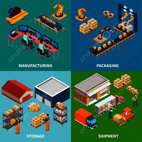 Gambar Konsep Desain Isometrik Mesin Industri Dengan Empat Komposisi