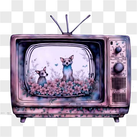 Download Cats In Television Set With Flowers And Butterflies Png Online