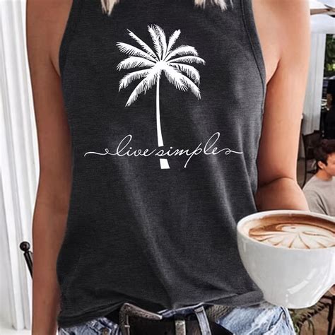 Coconut Tree Graphic Letter Print Crew Neck Tank Top Casual Fashion