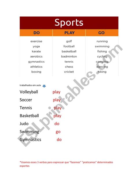 English Worksheets Sports Go Do Play