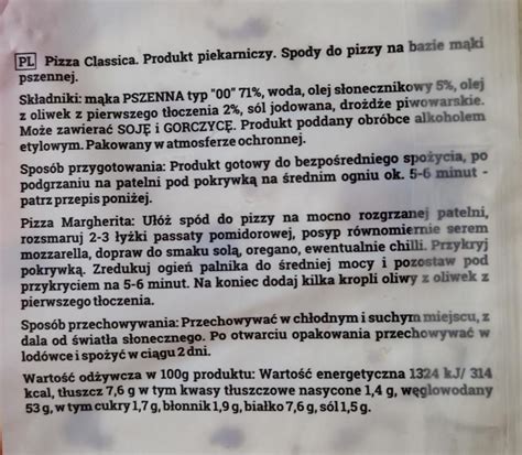 Spody do pizzy pizza classica Tesori d Italia kalorie kJ i wartości