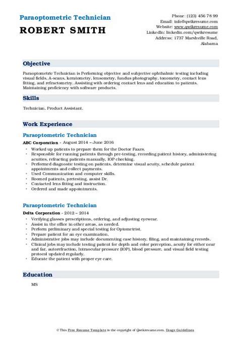 Paraoptometric Technician Resume Samples Qwikresume