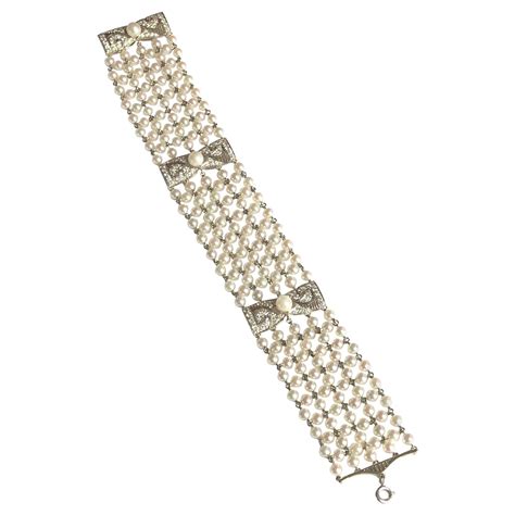 Edwardian Natural Pearl Diamond Platinum And Gold Bracelet At 1stDibs