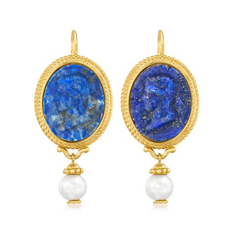 Italian Tagliamonte Lapis And 8mm Cultured Pearl Cameo Style Drop