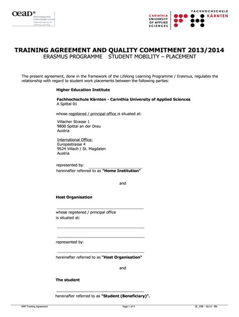 Fillable Online Training Agreement And Quality Commitment