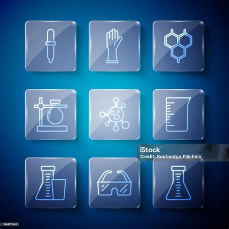 세트 라인 시험관 및 플라스크 안전 고글 안경 화학식 분자 스탠드 피펫 및 실험실 유리 비커 아이콘 벡터 Dna에 대한 스톡