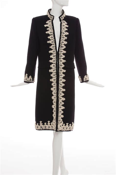 Oscar De La Renta Black Wool Cream Embroidered Open Front Coat Fall