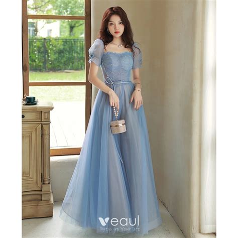 Modest Simple Sky Blue Prom Dresses 2023 A Line Princess Square