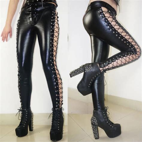 Women Sexy Faux Leather Skinny Pants Side Lace Up Elastic Mid Trousers