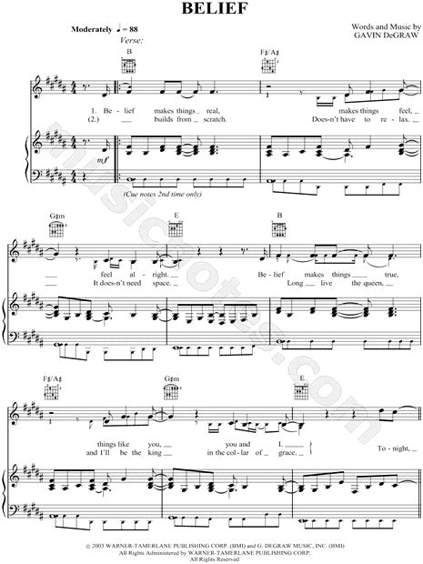 Gavin Degraw Belief Sheet Music In B Major Transposable Download