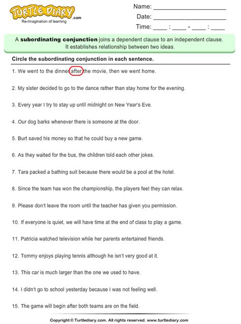 Identify The Subordinating Conjunction In The Sentence Worksheet Turtle Diary