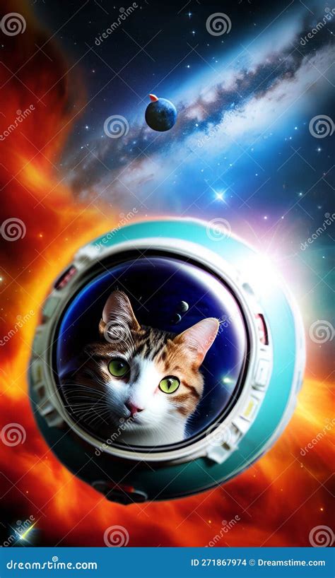 Curious Cat Luna Exploring The Space In A Little Round Spaceship Stock