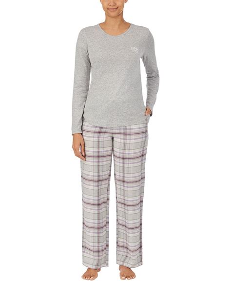 Lauren Ralph Lauren Ribbed Knit Top With Woven Plaid Brushed Twill Pant Pajama Set Macys