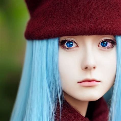 Beautiful Anime Girl Long Light Blue Hair Red Eyes Cold Expressi