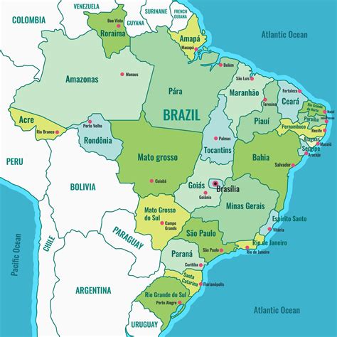 Country Map Of Brazil With Surrounding Borders Vector Art At