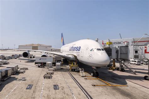 Lufthansa Airbus A380 In Los Angeles International Airport In USA