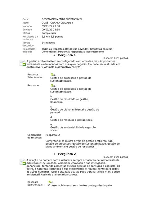 Desenvolvimento Sustentável Respostas Questionário unidade I Curso