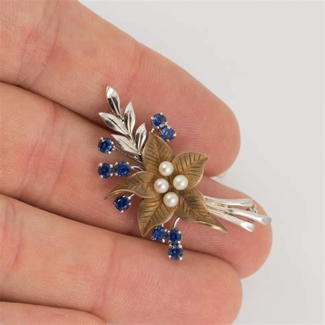 Antiques Atlas Vintage 9ct Gold Sapphire Pearl Floral Brooch