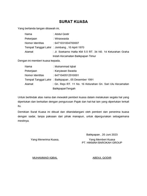 Format Surat Kuasa Pengurusan Perizinan Pdf