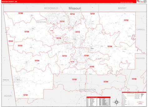 Benton County Ar Zip Code Wall Map Red Line Style By Marketmaps Mapsales