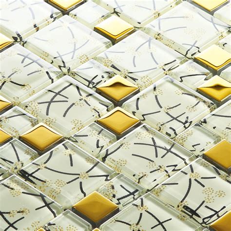 White Crystal Glass Mosaic Tile Hand Painted Gold Metal Coating Wall Backsplashes Sblt106