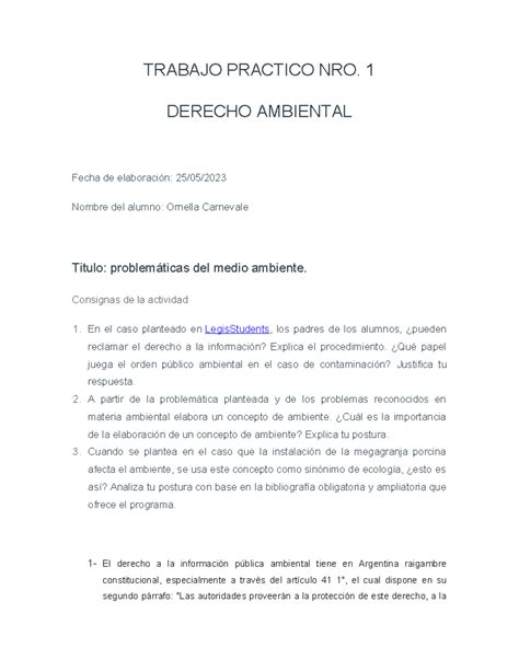 Trabajo Practico 1 Derecho Ambiental TRABAJO PRACTICO NRO 1 DERECHO