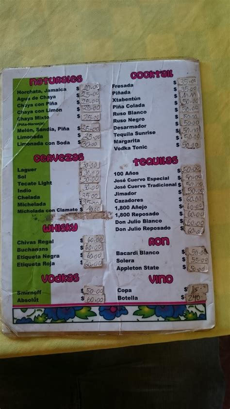 Carta Del Restaurante La Tia Poloc Mexico Carretera Costera Del Golfo