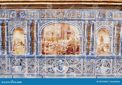 The Andalusian Ceramic Tiles On Neptune Fountain In Alcazar Garden In