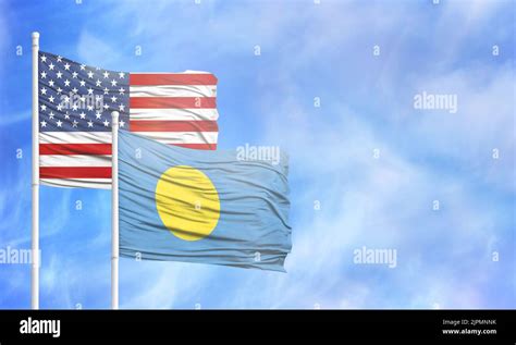 Waving American Flag And Flag Of Palau Stock Photo Alamy