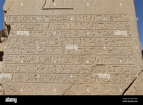 Ancient Egyptian Hieroglyphs Carved On The Walls Of Karnak Temple In