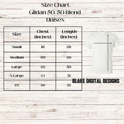 Gildan G800 Size Chart Gildan 5050 Blend Chart Gildan Dryblend Size Chart Etsy