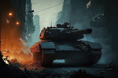 Premium Photo | Modern tank at war in ruined burning city ruins ...