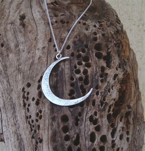 Hammered Crescent Moon Necklace Large Moon Pendant Sterling Etsy