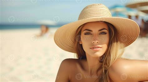 Ai Generated Beautiful Caucasian Woman Tanning Skin On Beach