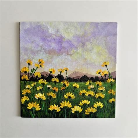 Acrylic Painting of Landscape, Sunset with Yellow Daisies | - Inspire ...