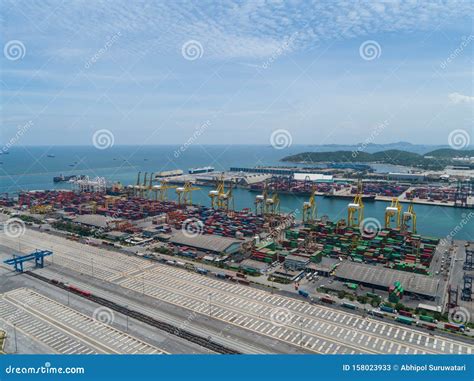 Aerial View of Industrial Port with Containers, Large Container Vessel ...