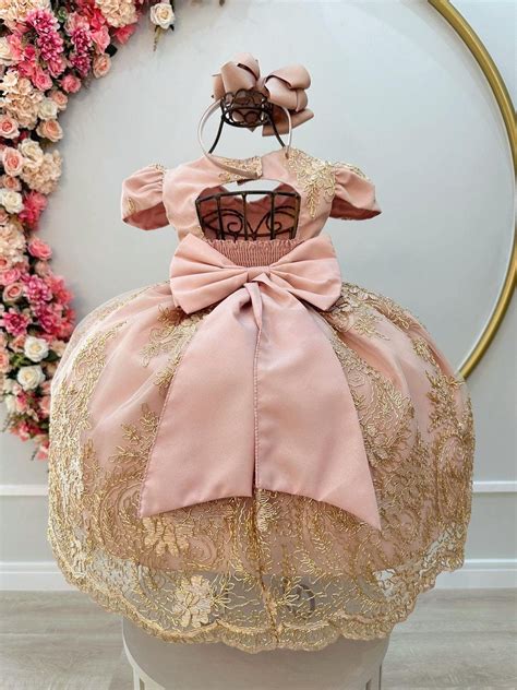 Vestido de Festa Infantil Rosê Nude Rosa Seco Dourado Luxo Leidy Lou Moda Baby
