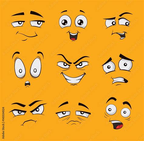 Set of funny cartoon faces with different emotions, like angry, scared ...