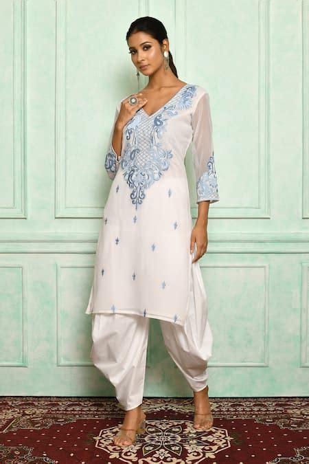 Buy White Kurta Georgette And Dhoti Pant Cotton Embroidery Resham