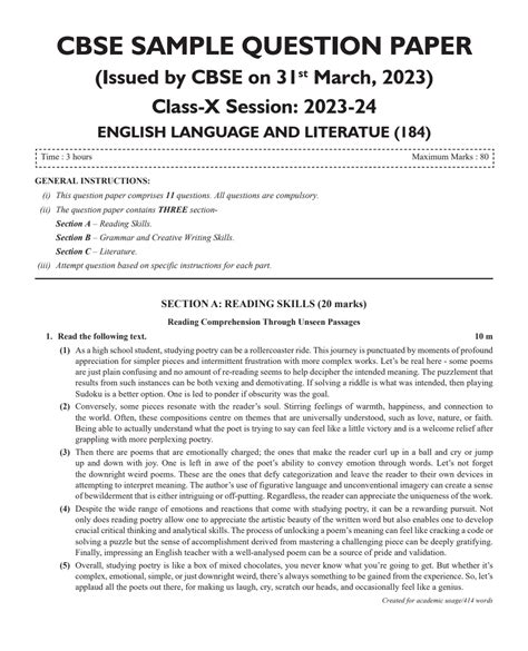 CBSE 15 Sample Question Papers Class 10 English for 2024 exam | PYQ ...