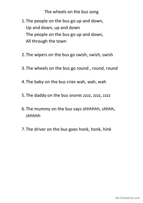 The Wheels On The Bus Song Song And English Esl Worksheets Pdf And Doc